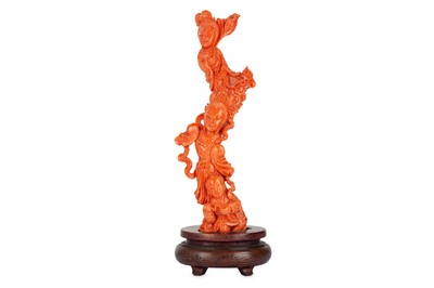 Lot 53 - A CHINESE CORAL 'IMMORTALS' CARVING. Early...