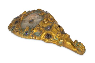 Lot 303 - A Chinese jade-inlaid gilt-bronze hook.