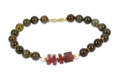 Lot 204 - A pink tourmaline and hardstone necklace, the...