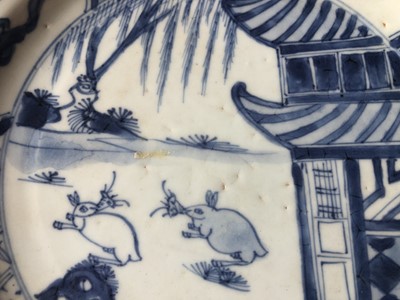 Lot 434 - A PAIR OF CHINESE BLUE AND WHITE 'RABBIT' DISHES.
