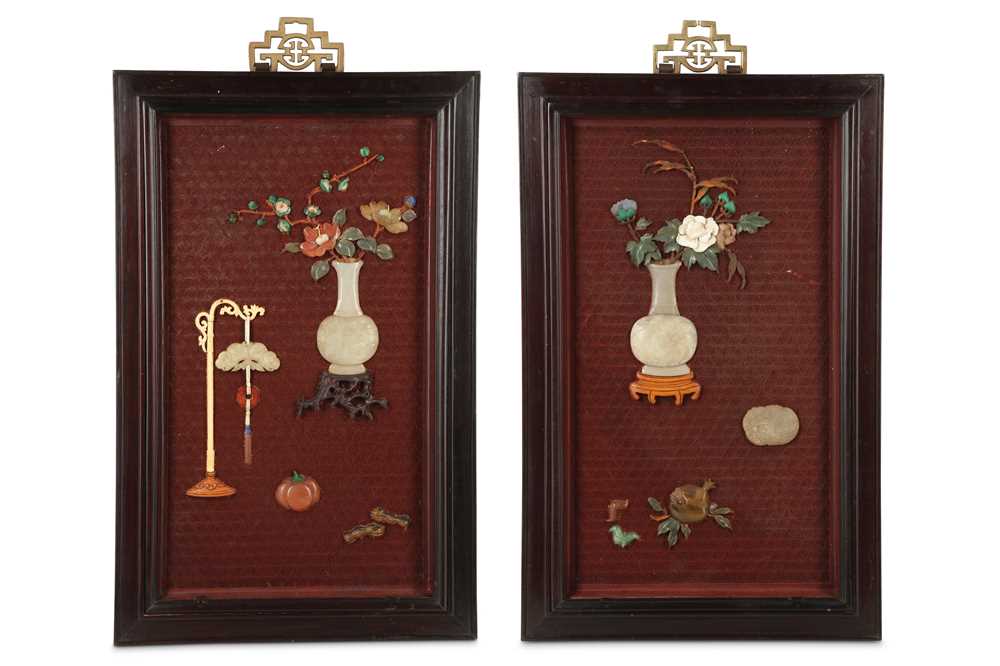 Lot 528 - A PAIR OF CHINESE CINNABAR LACQUER HARDSTONE-INLAID  'STILL LIFE' PANELS.