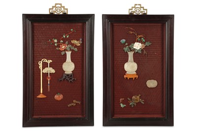 Lot 528 - A PAIR OF CHINESE CINNABAR LACQUER HARDSTONE-INLAID  'STILL LIFE' PANELS.