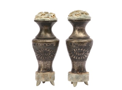 Lot 390 - A PAIR OF CHINESE WHITE METAL VASES AND COVERS.