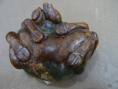 Lot 494 - THREE CHINESE PALE CELADON JADE 'OX' CARVINGS.