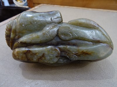 Lot 494 - THREE CHINESE PALE CELADON JADE 'OX' CARVINGS.