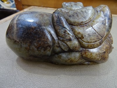 Lot 494 - THREE CHINESE PALE CELADON JADE 'OX' CARVINGS.