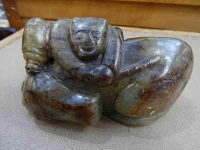 Lot 494 - THREE CHINESE PALE CELADON JADE 'OX' CARVINGS.