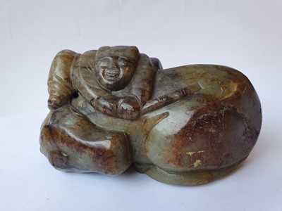 Lot 407 - THREE CHINESE PALE CELADON JADE 'OX' CARVINGS.