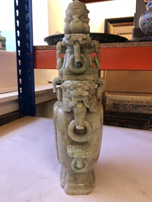 Lot 125 - A LARGE CHINESE CARVED JADEITE VASE AND COVER.