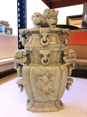 Lot 98 - A LARGE CHINESE CARVED JADEITE VASE AND COVER.