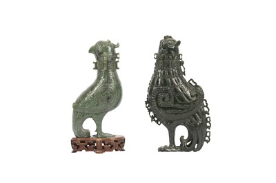 Lot 82 - TWO CHINESE SPINACH GREEN JADE 'BIRD' VESSELS AND COVERS.