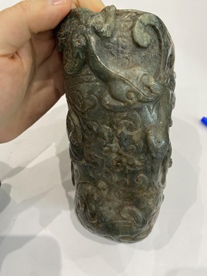Lot 515 - TWO CHINESE GREEN JADE VESSELS AND A 'CARP' CARVING.