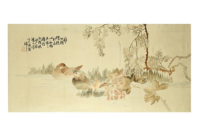 Lot 592 - A CHINESE SILK EMBROIDERY PANEL OF MANDARIN...