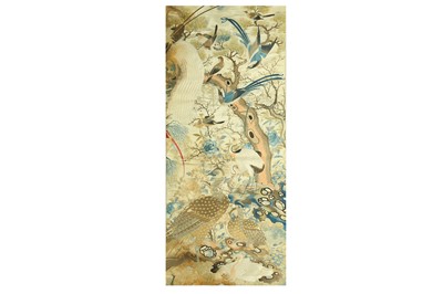 Lot 593 - A CHINESE SILK EMBROIDERY PANEL OF BIRDS AND...