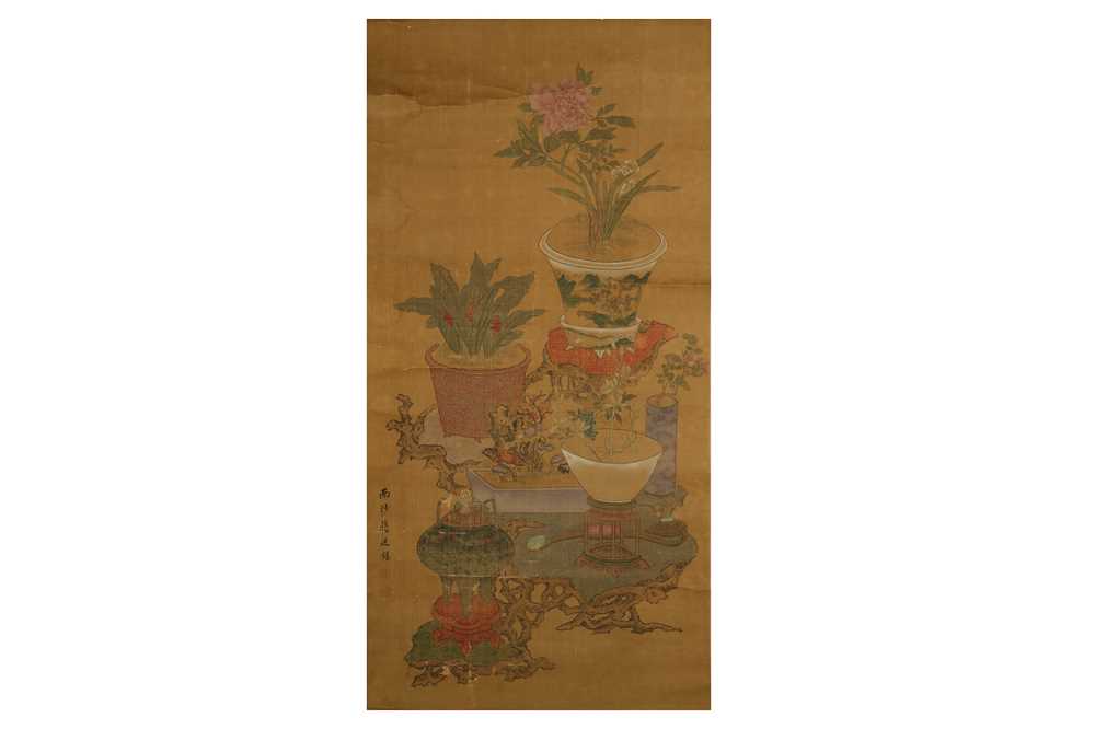 Lot 666 - A CHINESE ‘FLOWERS AND ANTIQUES’ PAINTING...