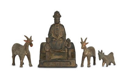 Lot 421 - THREE CHINESE MODELS OF GOATS AND A BRONZE...