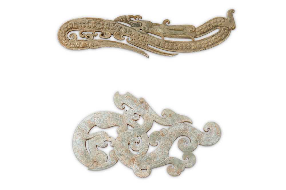 Lot 185 - TWO CHINESE ARCHAISTIC JADE 'DRAGON' PLAQUES.