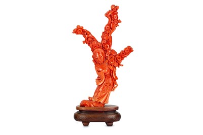 Lot 54 - A CHINESE CORAL 'MAGU' CARVING. Early 20th...