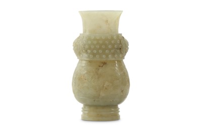 Lot 208 - A CHINESE PALE CELADON JADE ARCHAISTIC VASE, HU.