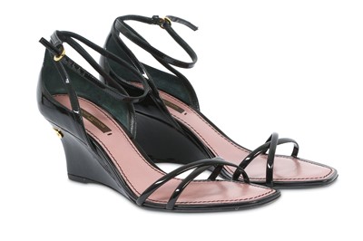 Lot 150 - Louis Vuitton Black Patent Wedge Sandals - size 37