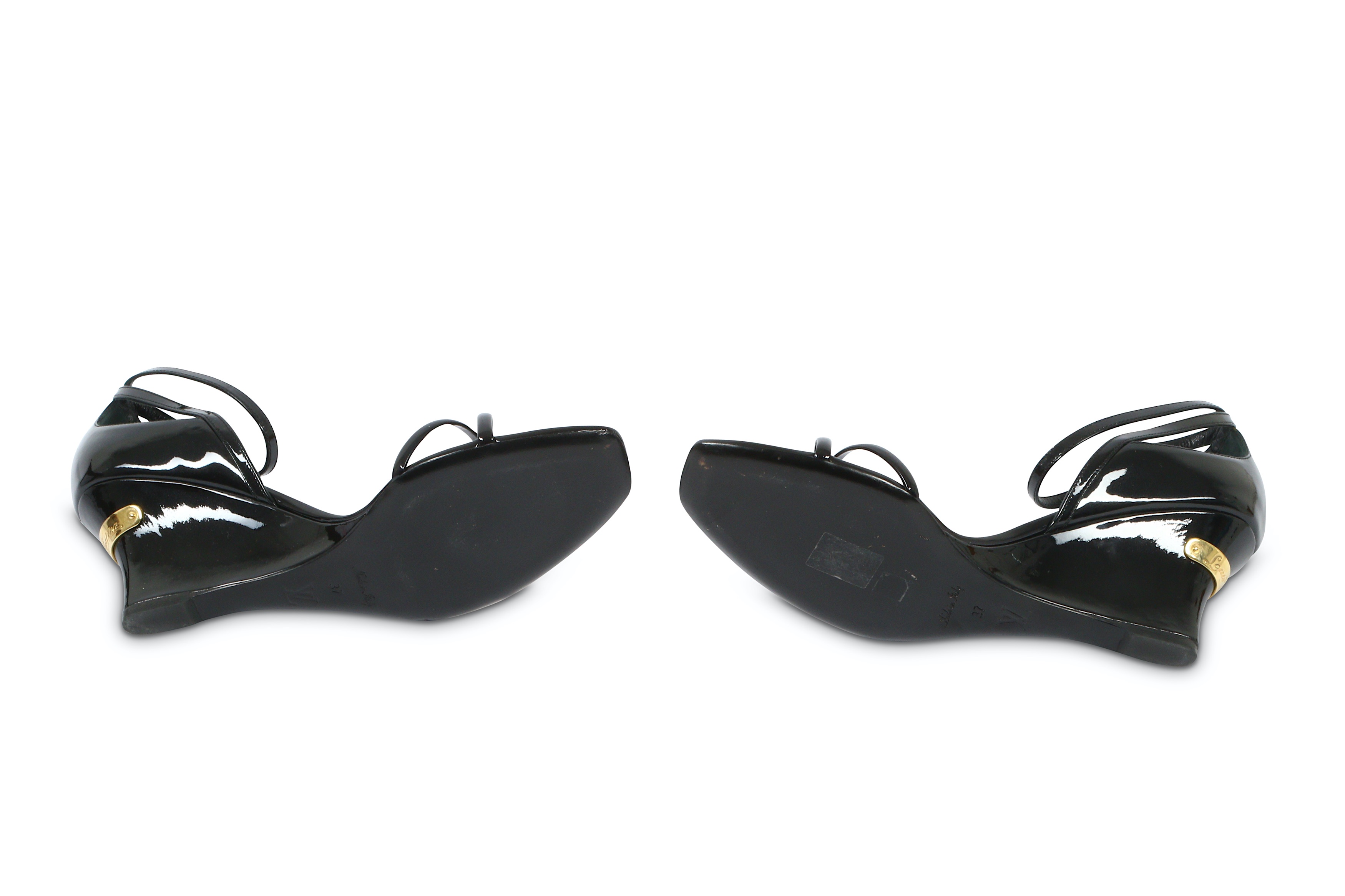 Lot 150 - Louis Vuitton Black Patent Wedge Sandals 