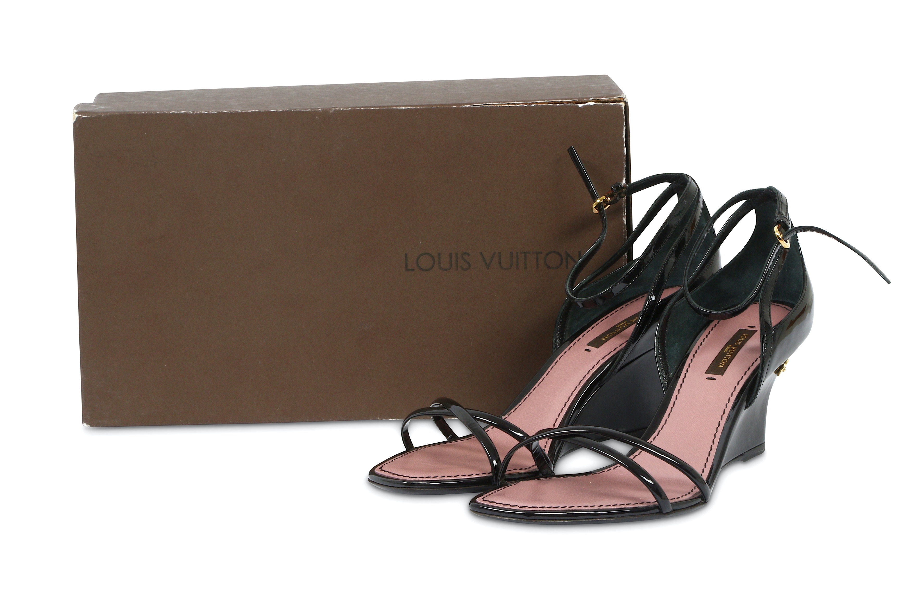 Lot 150 - Louis Vuitton Black Patent Wedge Sandals 