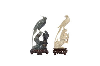Lot 80 - TWO CHINESE HARDSTONE MODELS OF PARADISE FLYCATCHERS.