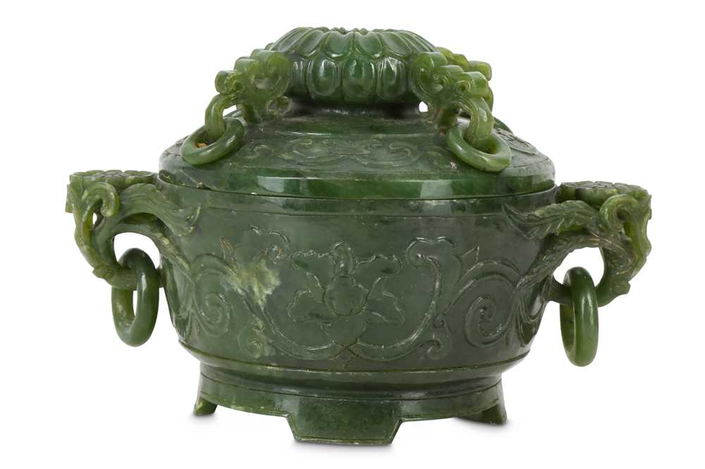 Lot 81 - A CHINESE SPINACH JADE 'BLOSSOMS' INCENSE BURNER AND COVER.