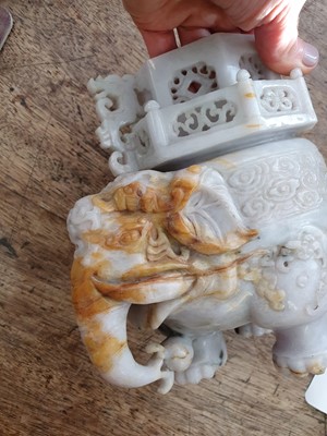 Lot 256 - A CHINESE JADEITE CARVING OF AN ELEPHANT AND PAGODA.