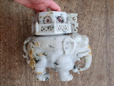 Lot 256 - A CHINESE JADEITE CARVING OF AN ELEPHANT AND PAGODA.