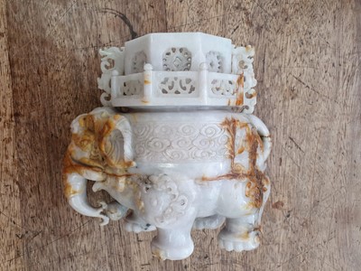 Lot 530 - A CHINESE JADEITE CARVING OF AN ELEPHANT AND PAGODA.