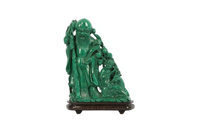 Lot 615 - A CHINESE MALACHITE CARVING OF SHOULAO AND A BOY.