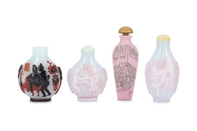Lot 527 - FOUR CHINESE GLASS 'EROTIC' SNUFF BOTTLES.