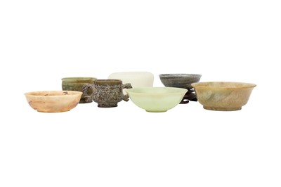 Lot 717 - SIX CHINESE JADE BOWLS AND A RIBBED GLASS WASHER.