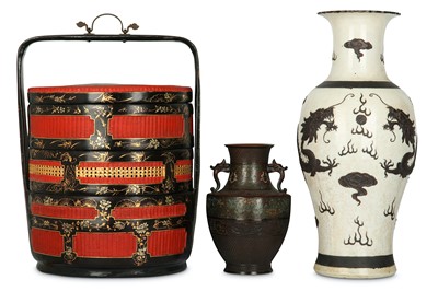 Lot 422 - A CHINESE DRAGON VASE, A FOOD BASKET AND A...