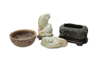 Lot 211 - THREE CHINESE JADE CARVINGS AND A SOAPSTONE BOWL.
