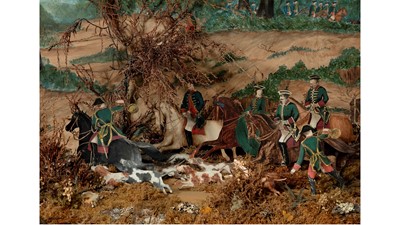 Lot 152 - A LARGE  PAINTED CARD AND FOLIAGE DIORAMA, LATE 19TH CENTURY
