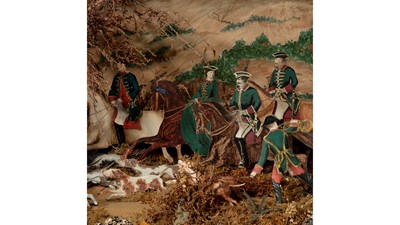 Lot 122 - A LARGE AND IMPRESSIVE LATE 19TH CENTURY PAINTED CARD AND FOLIAGE DIORAMA DEPICTING A HUNTING SCENE