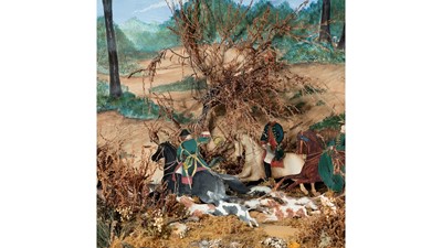 Lot 122 - A LARGE AND IMPRESSIVE LATE 19TH CENTURY PAINTED CARD AND FOLIAGE DIORAMA DEPICTING A HUNTING SCENE