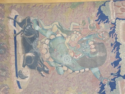 Lot 406 - A LARGE TIBETAN THANGKA OF YAMA DHAMARAJA.