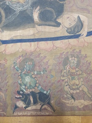 Lot 406 - A LARGE TIBETAN THANGKA OF YAMA DHAMARAJA.