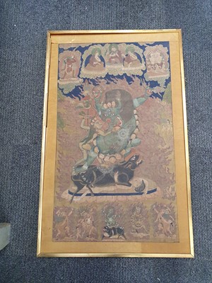 Lot 406 - A LARGE TIBETAN THANGKA OF YAMA DHAMARAJA.