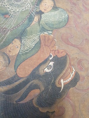 Lot 406 - A LARGE TIBETAN THANGKA OF YAMA DHAMARAJA.