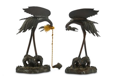 Lot 90 - A pair of Meiji period Japanese bronze cranes,...