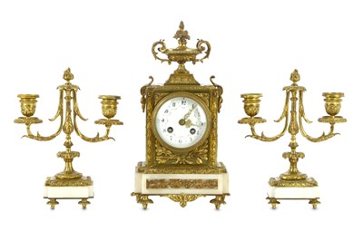 Lot 97 - A French ormolu and alabaster mantel clock...