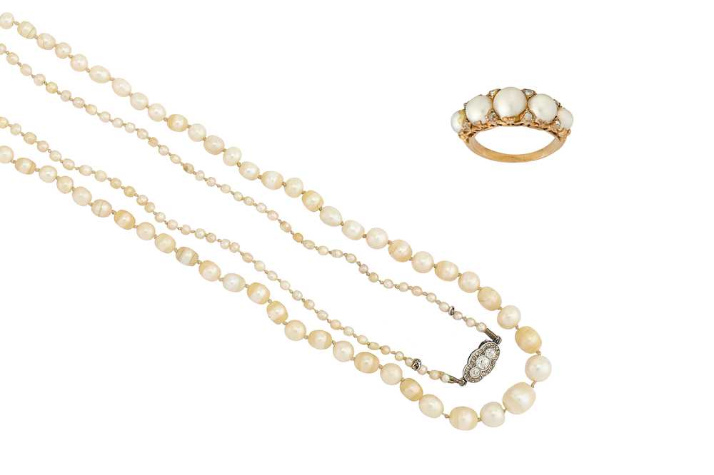 Lot 6 - A pearl necklace and a pearl and diamond ring...