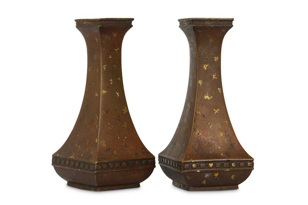 Lot 274 - A PAIR OF GOLD-SPLASH BRONZE VASES.