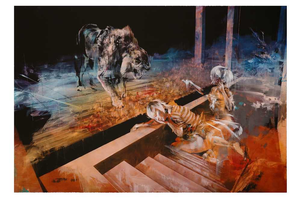 Lot 63 - Ian Francis (British, b.1979), 'Two People Feed A Lion'