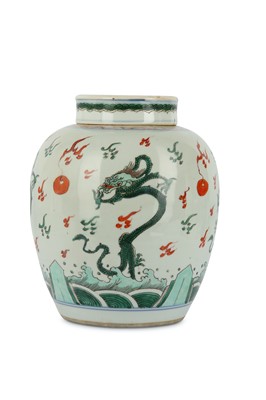 Lot 386 - A CHINESE FAMILLE VERTE 'DRAGON' JAR AND COVER....