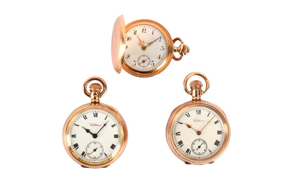 Lot 174 - 3 GOLD POCKET WATCHES. Waltham: A 9K gold coin...